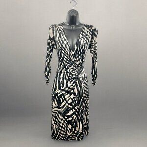 GHOST Black and Cream Printed Wrap Front Long Sleeve Dress Size 4